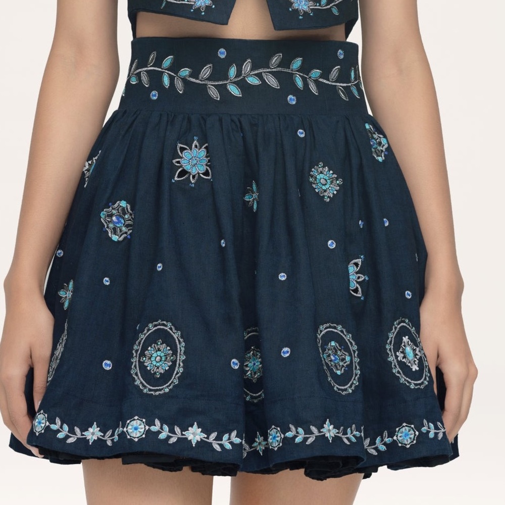 Agua by Agua Bendita Embroidered Linen Nori Relicario Mini Skirt Extra Small